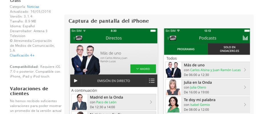 Captura de la App de Onda Cero para iOS Captura de la App de Onda Cero para iOS