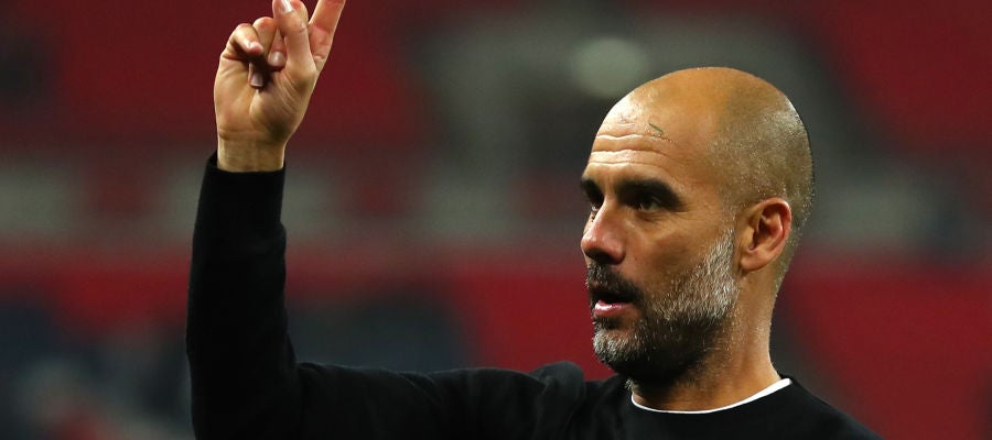 Pep Guardiola celebra el triunfo en Wembley ante el Tottenham Pep Guardiola celebra el triunfo en Wembley ante el Tottenham