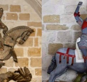 El antes y el después de la escultura de San Jorge en la iglesia de San Miguel de Estella El antes y el después de la escultura de San Jorge en la iglesia de San Miguel de Estella