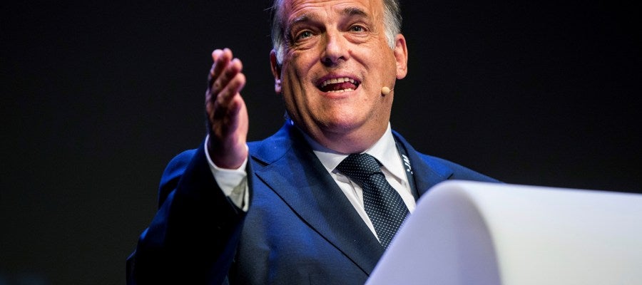 Javier Tebas, en un acto en Bruselas. Javier Tebas, en un acto en Bruselas.