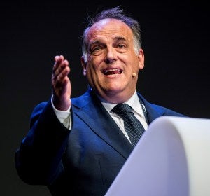 Javier Tebas, en un acto en Bruselas. Javier Tebas, en un acto en Bruselas.