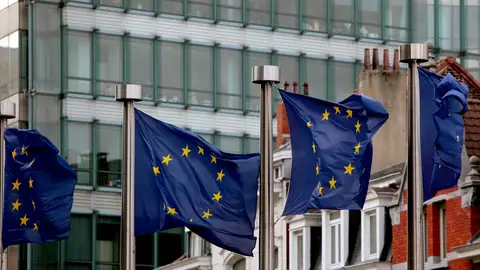 Banderas ondean cerca de la sede del Consejo en Bruselas Banderas ondean cerca de la sede del Consejo en Bruselas