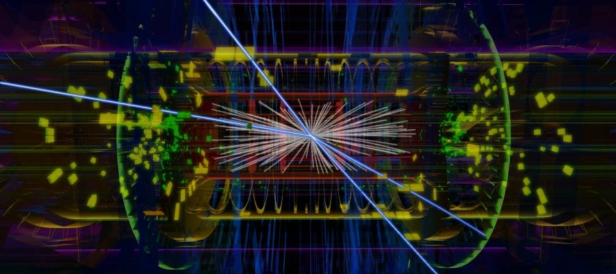 Animación de un evento real de bosón de Higgs Animación de un evento real de bosón de Higgs