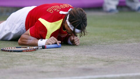 David Ferrer, en el suelo durante su partido ante Nishikori