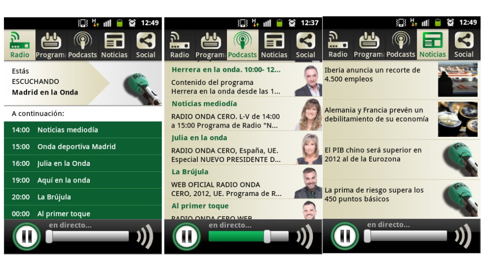 Pantallazos de aplicación Android de Onda Cero