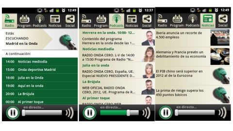 Pantallazos de aplicaci&oacute;n Android de Onda Cero