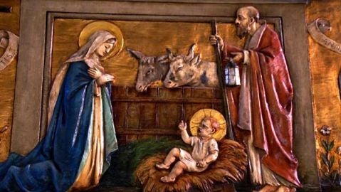 Nacimiento de Jes&uacute;s con asno y buey
