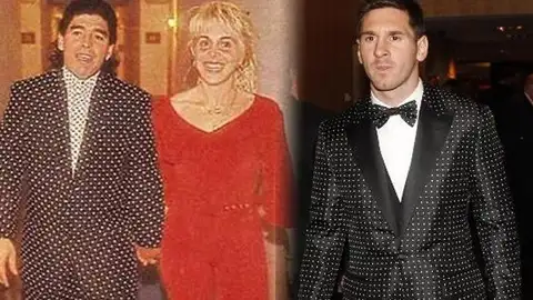Leo Messi rinde tributo a Maradona con su traje de lunares Leo Messi rinde tributo a Maradona con su traje de lunares