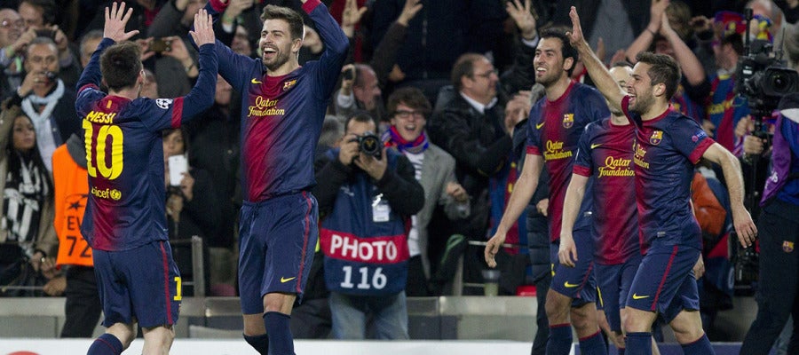 Los jugadores del Barcelona celebran el cuarto gol ante el Milan. Los jugadores del Barcelona celebran el cuarto gol ante el Milan.