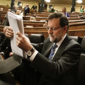 Rajoy ordena sus papeles en el pleno del Congreso