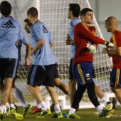Casillas junto al resto de internacionales en el entrenamiento en Río de Janeiro