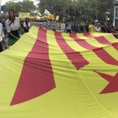 Varias personas sostienen una bandera "estelada" durante la manifestación de la Diada 