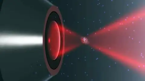 Ilustración de una nanopartícula atrapada por un láser Ilustración de una nanopartícula atrapada por un láser