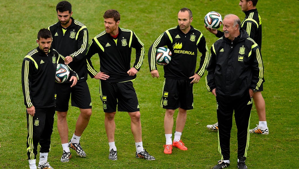 La selección española, durante el entrenamiento