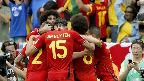Los jugadores belgas celebran el gol de Origi Los jugadores belgas celebran el gol de Origi