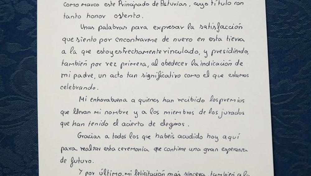 Manuscrito del primer discurso de Felipe VI en Oviedo en 1981