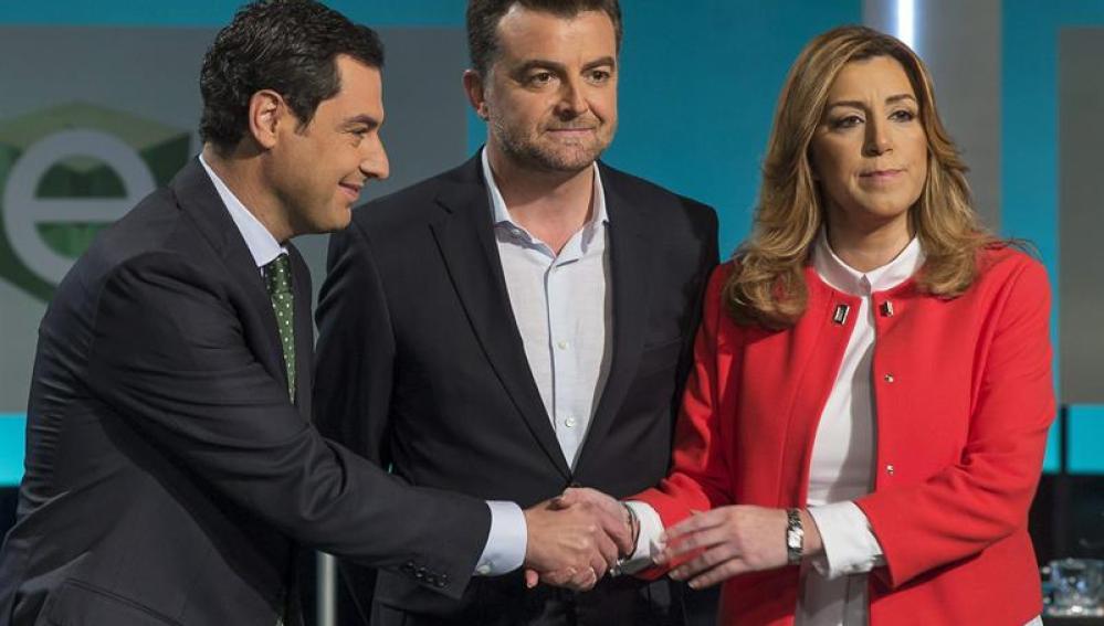  Juanma Moreno, del PP; Antonio Maíllo, de IU, y Susana Díaz, del PSOE