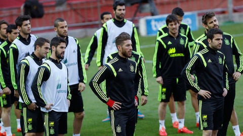 Los jugadores de la selecci&oacute;n espa&ntilde;ola sobre el c&eacute;sped del Pizju&aacute;n