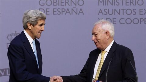 Margallo y Kerry, en la rueda de prensa que han ofrecido en el Palacio de Santa Cruz