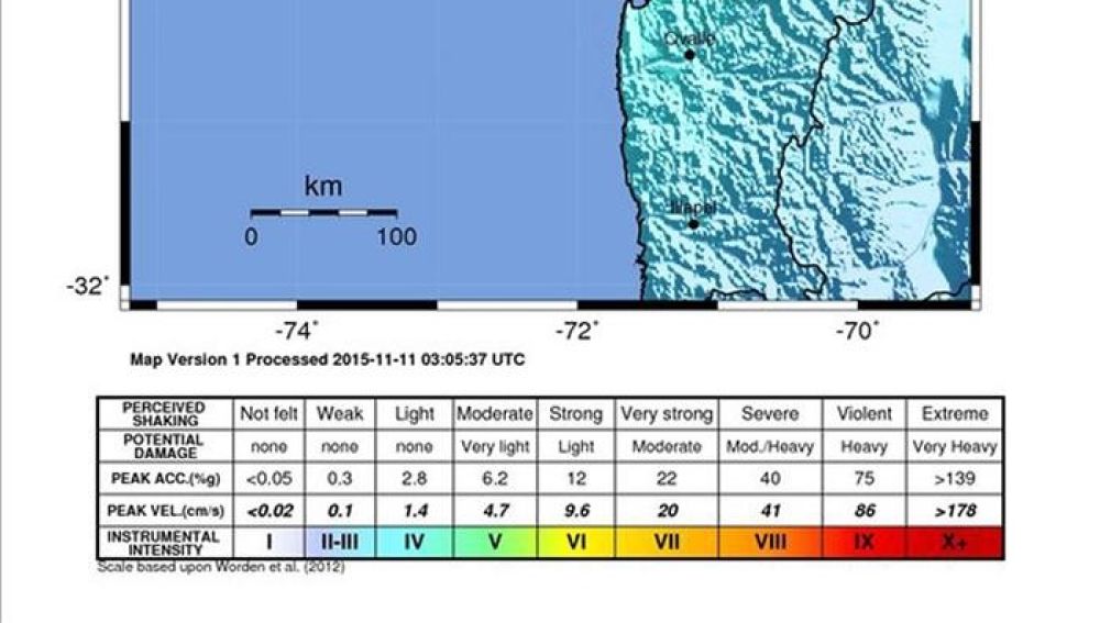 Mapa cedido por el Servicio Geológico estadounidense que muestra la ubicación del terremoto de Chile