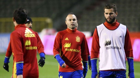 Iniesta y Diego Costa, en el entrenamiento de Espa&ntilde;a en Bruselas