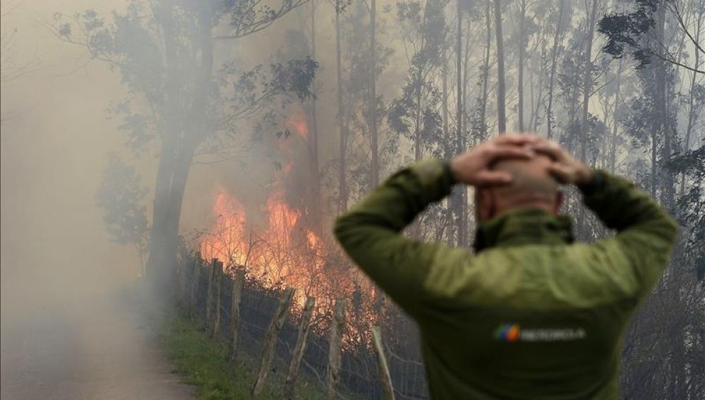 Uno de los incendios forestales en los montes próximos a la localidad cántabra de Viernoles