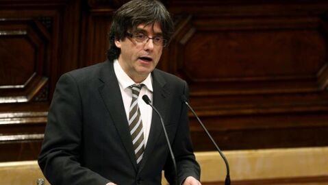 El candidato de Junts pel S&iacute; a la Presidencia de la Generalitat, Carles Puigdemont, pronuncia su discurso
