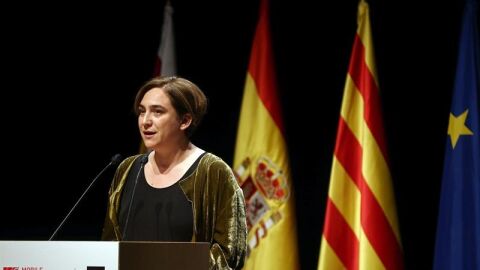 La alcaldesa de Barcelona, Ada Colau, durante su discurso en la cena de bienvenida a los asistentes al Mobile World Congress