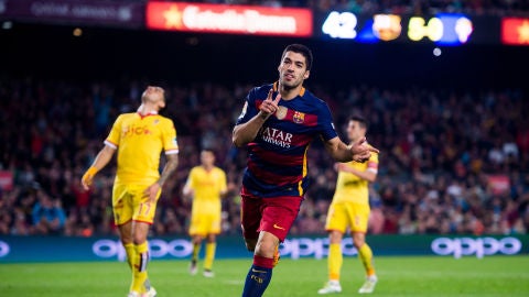 Luis Su&aacute;rez celebra un gol ante el Sporting