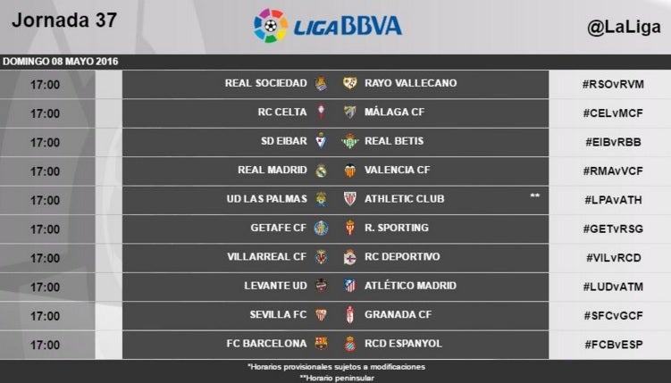 La penúltima jornada de Liga se disputará el domingo 8 de mayo a las 17:00 horas La penúltima jornada de Liga se disputará el domingo 8 de mayo a las 17:00 horas