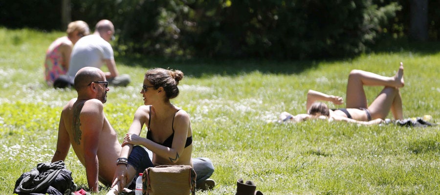 Varias personas toman el sol en el Parque del Retiro Varias personas toman el sol en el Parque del Retiro