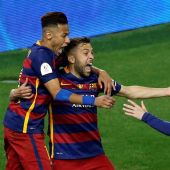 Neymar, Messi y Alba celebran el gol Jordi en la final de la Copa del Rey
