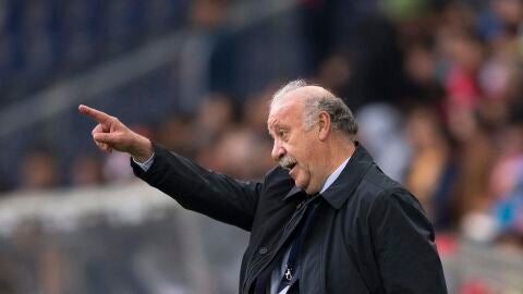 Vicente del Bosque da instrucciones en la banda durante el partido contra Corea del Sur
