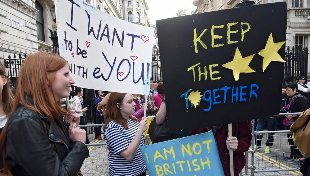 Varios manifestantes que apoyan la permanencia del Reino Unido en la Unión Europea