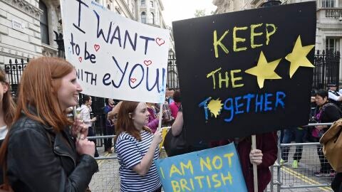 Varios manifestantes que apoyan la permanencia del Reino Unido en la Uni&oacute;n Europea