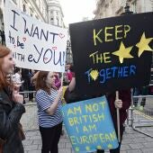 Varios manifestantes que apoyan la permanencia del Reino Unido en la Unión Europea