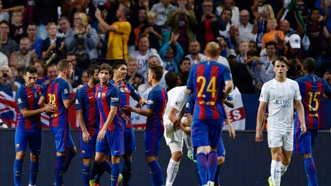 Luis Su&aacute;rez celebra su gol ante el Leicester