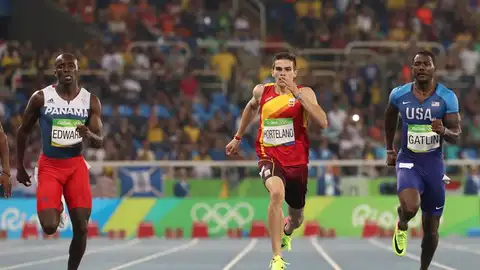 El panameño Alfonso Edward, el español Bruno Hortelano y el estadounidense Justin Gatlin compiten en los 200 m planos masculinos El panameño Alfonso Edward, el español Bruno Hortelano y el estadounidense Justin Gatlin compiten en los 200 m planos masculinos
