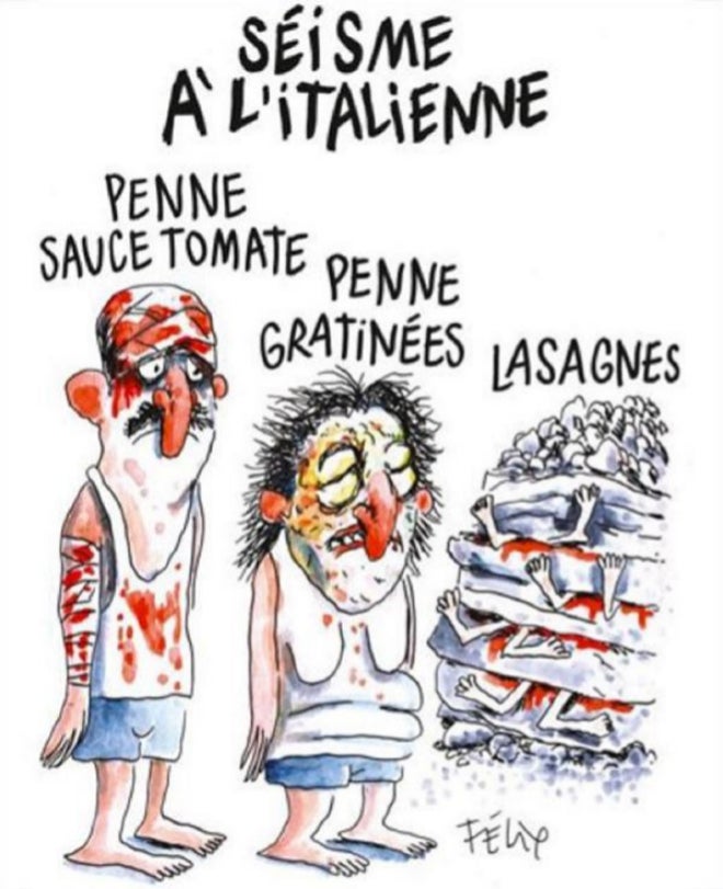 Amatrice, la ciudad más castigada por el terremoto de Italia, denuncia a Charlie Hebdo por una viñeta en la que se mofaba de las víctimas Amatrice, la ciudad más castigada por el terremoto de Italia, denuncia a Charlie Hebdo por una viñeta en la que se mofaba de las víctimas
