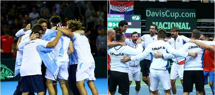 Los jugadores argentinso y croatas celebran la clasificación para la la final de la Copa Davis Los jugadores argentinso y croatas celebran la clasificación para la la final de la Copa Davis