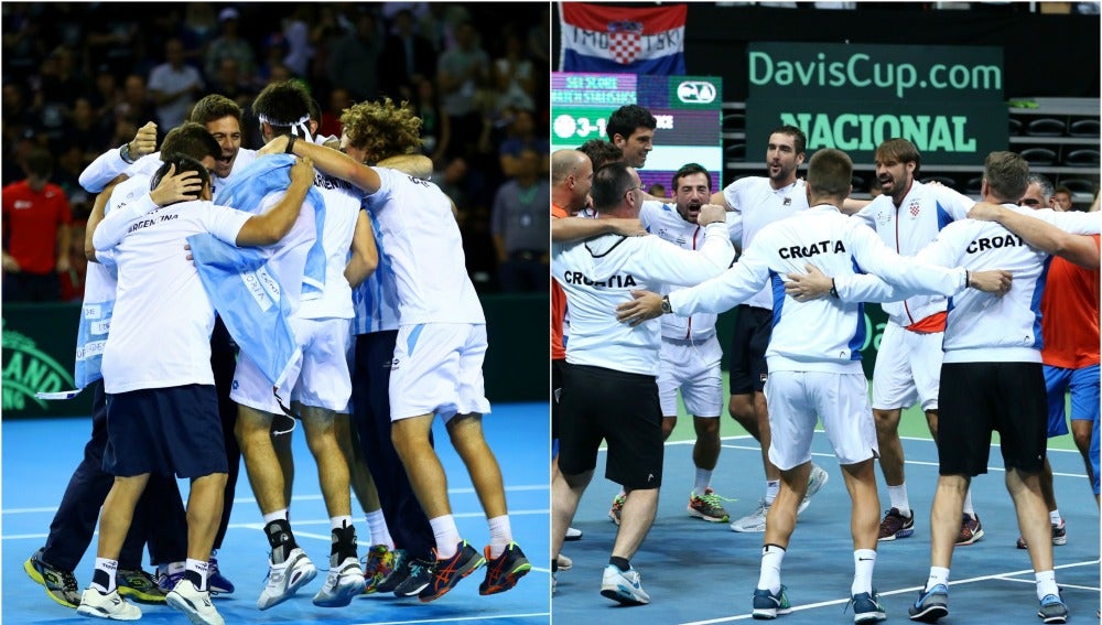 Los jugadores argentinso y croatas celebran la clasificación para la la final de la Copa Davis