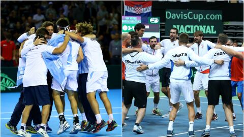 Los jugadores argentinso y croatas celebran la clasificaci&oacute;n para la la final de la Copa Davis