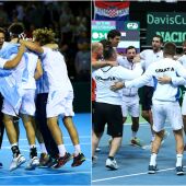Los jugadores argentinso y croatas celebran la clasificación para la la final de la Copa Davis