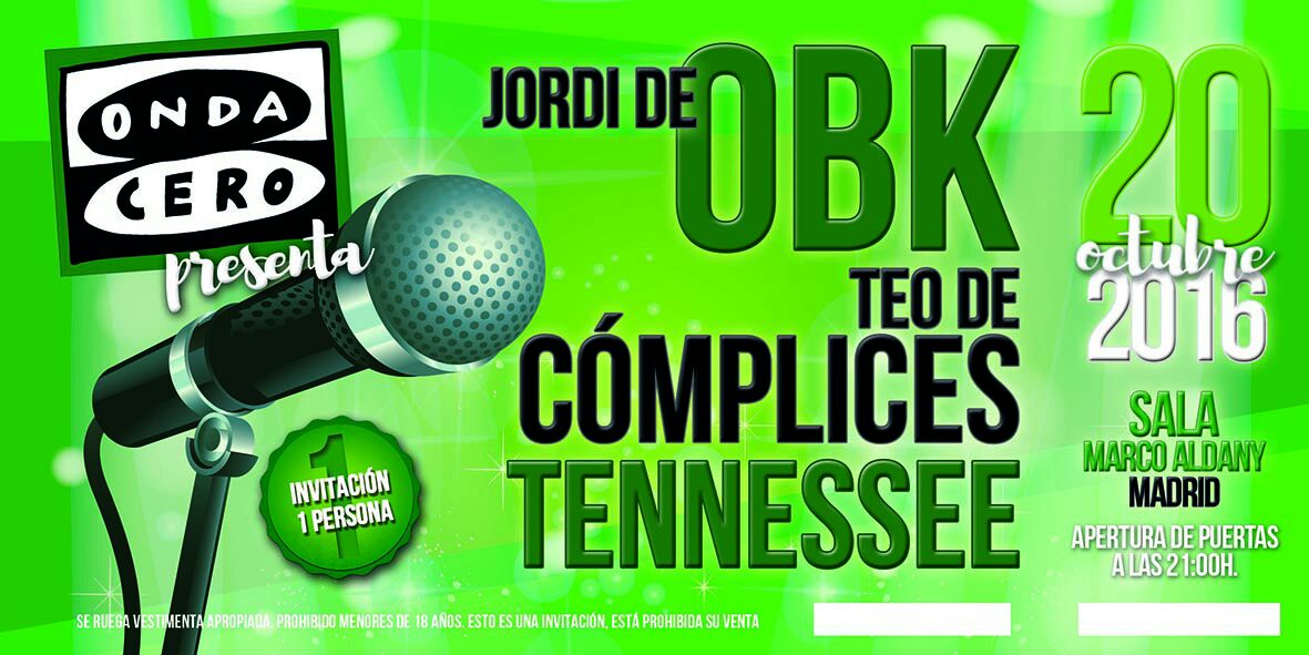Onda Cero te invita al concierto de Jordi de OBK, Teo de Cómplices y Tennessee Onda Cero te invita al concierto de Jordi de OBK, Teo de Cómplices y Tennessee