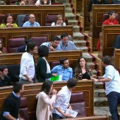 Los diputados de Podemos abandonan el Hemiciclo