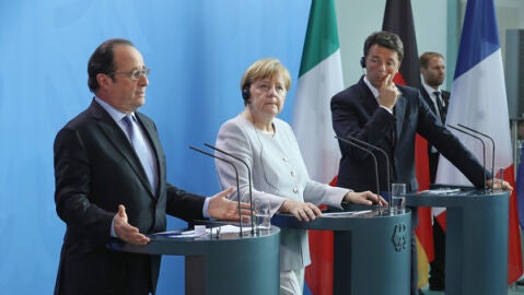 Fran&ccedil;ois Hollande, Angela Merkel y Matteo Renzi