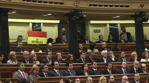 Un senador de IU despliega una bandera republicana durante el discurso del Rey Un senador de IU despliega una bandera republicana durante el discurso del Rey