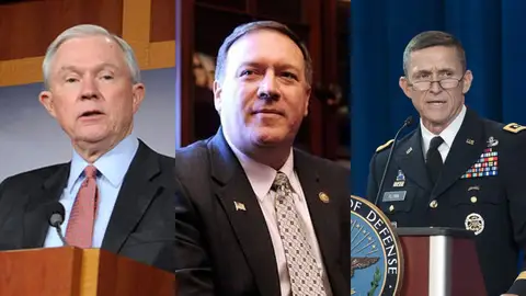 Jeff Sessions, Mike Pompeo y Michael Flynn Jeff Sessions, Mike Pompeo y Michael Flynn