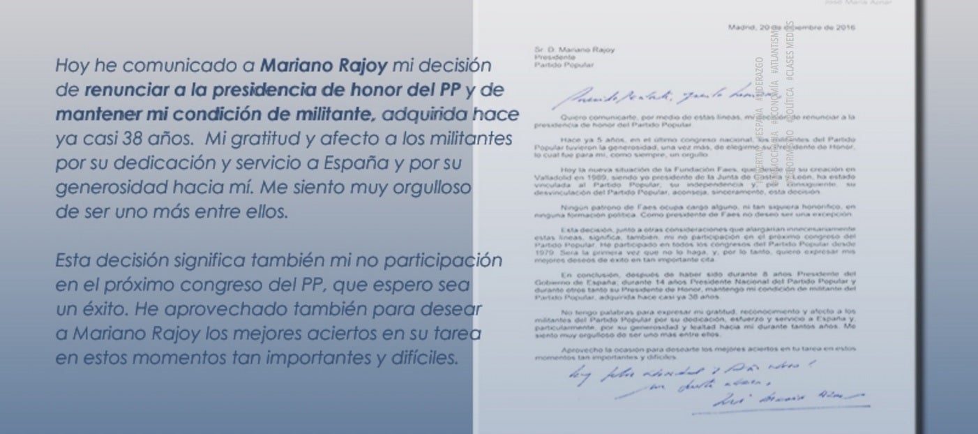 Aznar comunica a Rajoy que renuncia a la presidencia de honor del Partido Popular Aznar comunica a Rajoy que renuncia a la presidencia de honor del Partido Popular