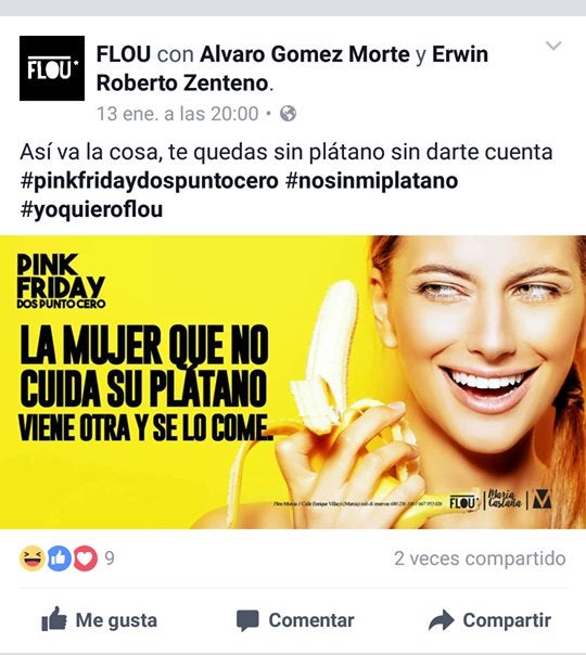 "La mujer que no cuida su plátano, viene otra y se lo come", la publicidad machista de un pub murciano desata las críticas en redes sociales "La mujer que no cuida su plátano, viene otra y se lo come", la publicidad machista de un pub murciano desata las críticas en redes sociales